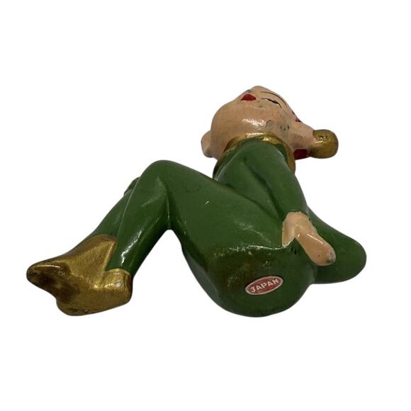 1950s Christmas Seated Pixie Elf Ceramic Ornament Red Hair Green Outfit Japan - Picture 5 of 11